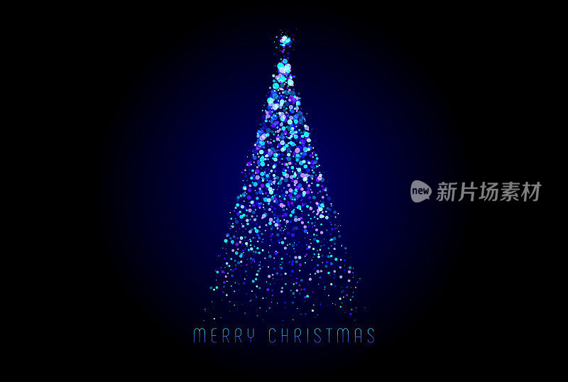 Merry Christmas greeting card. Magic Christmas tree made from blue lights on dark background